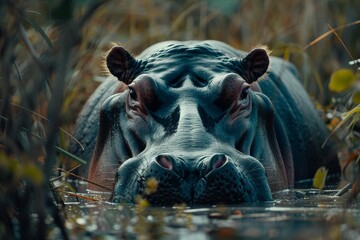 Close up of a hippopotamus in the water staring at the camera with a blurred background