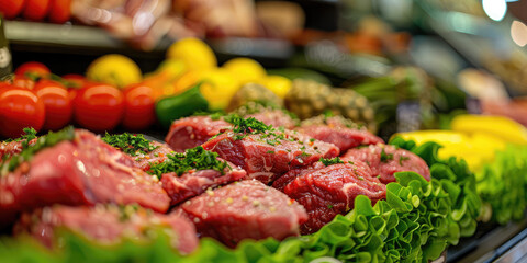 Fresh Raw Meat with Herbs on Display at Market. Premium cuts of raw steak garnished with herbs, offered at a local farmer's market.