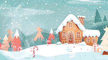 Gingerbread house christmas scene. Cute vector illu