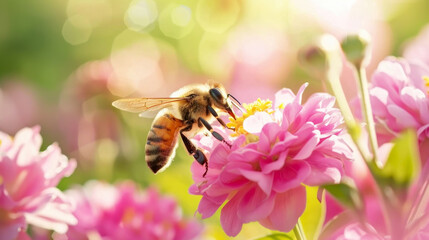 Honeybee Pollinating a Pink Flower on a Bright Sunny Day