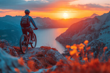 Active man with bicycle on mountain at sunset