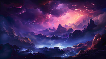 A cosmic purple abstract background with swirling galaxies and celestial elements.