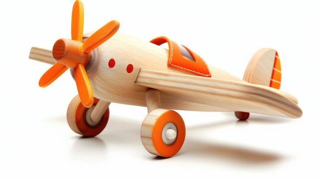 Wooden Toy Airplane with Orange Accents Isolated on White Background