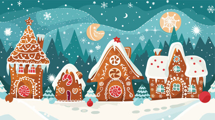 Gingerbread houses christmas scene. Cute vector illustration