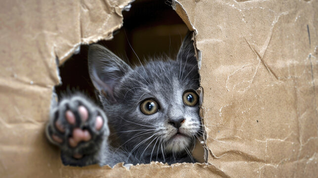 Curious Kitten Peeking Through Torn Cardboard