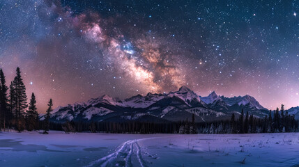 Fototapeta na wymiar Majestic Night Sky Over Snowy Mountain Range