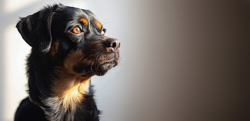 Thoughtful black and tan dog with a contemplative look, bathed in warm sunlight, offering significant copy space to the left. A picture of quiet reflection and loyalt