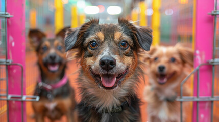 Enthusiastic dogs in a colorful shelter environment, eager and ready for a chance at adoption and a happy life.. - obrazy, fototapety, plakaty