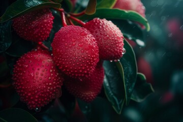 Close-up of ripe lychee fruit hanging on a tree branch with water drops after rain