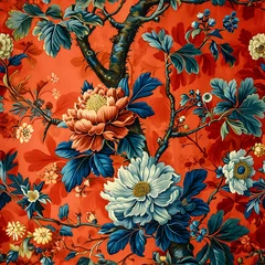 Gordijnen Chinoiseries style with peonies flower on bold red background © Gronggaew