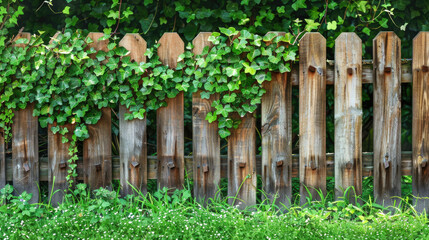 Naklejka premium Old Wooden Fence Overgrown with Green Ivy