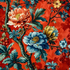 Chinoiseries style with peonies flower on red background
