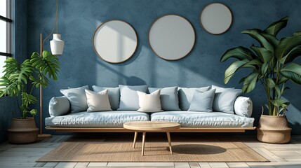 Contemporary drawing of couch and coffee table. Stylish furnishings with seating, wooden centerpiece, and standing light.