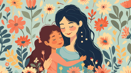 Mother embraces her daughter on a floral background - obrazy, fototapety, plakaty
