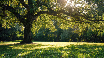 Majestic Oak Tree Bathed in Sunlight in a Lush Green Park