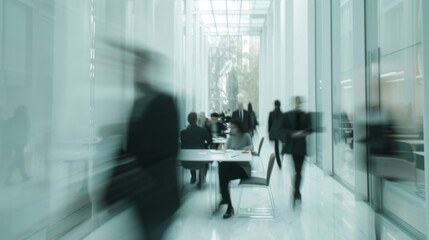 Employees in a contemporary office space. In a modern office setting with dynamic motion blur, business professionals collaborate in a shared workspace