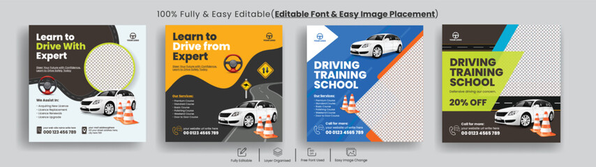 
Editable social media post ads or instagram post banner template set for car Driving school and car repair and car washing web banner or square flyer design bundle
with 3d car illustration