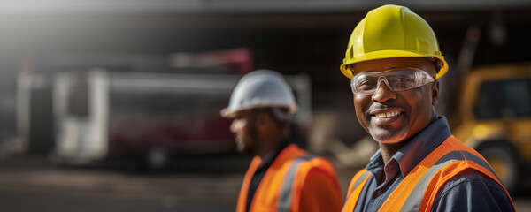 Young African American construction engineer at work with safety helmet and vest background banner