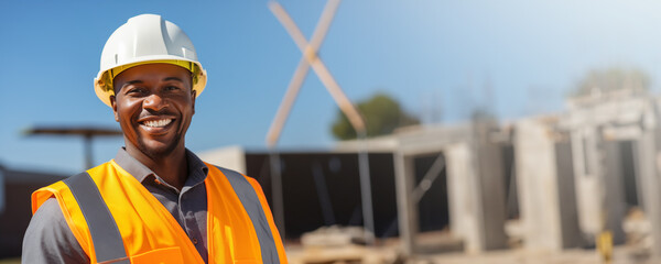 Young African American construction engineer at work with safety helmet and vest background banner