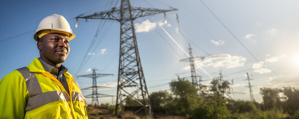 Young African American construction engineer at work with safety helmet and vest background banner