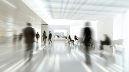 Employees in a contemporary office space. In a modern office setting with dynamic motion blur, business professionals collaborate in a shared workspace