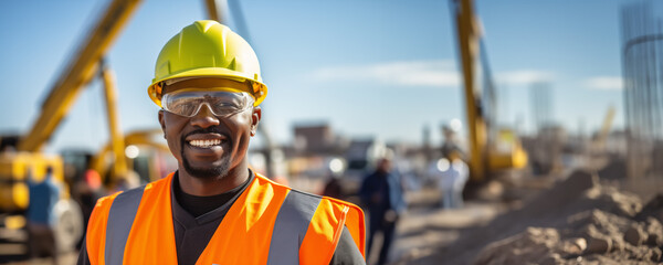 Young African American construction engineer at work with safety helmet and vest background banner