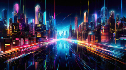 A digital cityscape of neon skyscrapers, reflecting their vivid colors onto a glassy obsidian surface below.