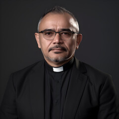 Portrait of a young pastor wearing a black shirt and clerical collar with a rosary and cross around his neck as he clasps his hands in prayer.