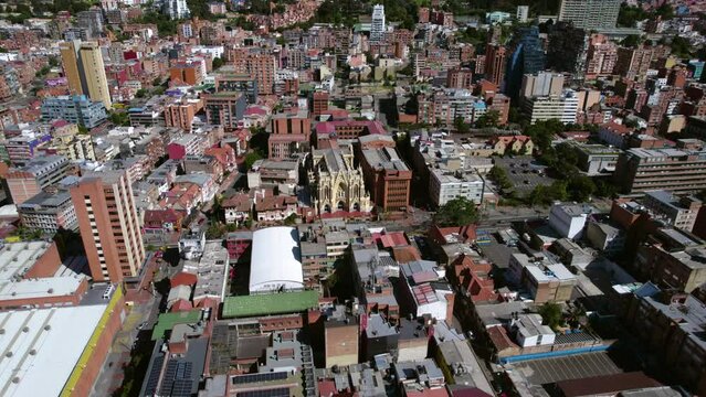 Bogota, Colombia. Aerial View of Parish of Our Lady of Chiquinquira Church in Chapinero Downtown Neighborhood
