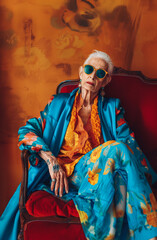 Grandmother in Fashionable style clothes sitting and posing in a chair.