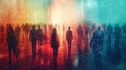 Imagen con siluetas de gente andado con lineas interconectadas simbolizando la relación entre personas. redes sociales, networking. - obrazy, fototapety, plakaty