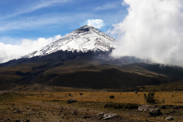 Terrain around Cotopaxi, active stratovolcano in the Andes Mountains, located near Latacunga city of Cotopaxi Province, photo of a large volcano in South America.