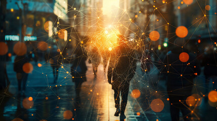 Imagen con siluetas de gente andado con lineas interconectadas simbolizando la relación entre personas. redes sociales, networking. - obrazy, fototapety, plakaty