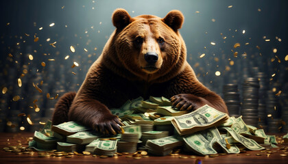 A bear with a pile of banknotes and gold coins - obrazy, fototapety, plakaty