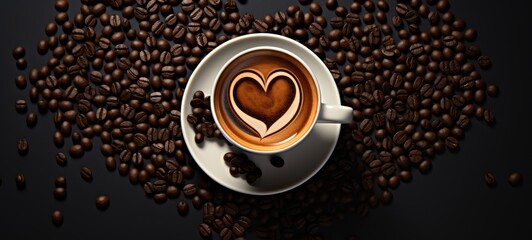 Top view A coffee cup with hearts and saucer with coffee beans background. espresso latte top view. Close up aromatic coffee cup with roasted beans.