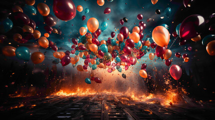 A dynamic and visually striking image of a celebration, showcasing festive elements like balloons, confetti, and decorations against a seamless and vibrant background. - obrazy, fototapety, plakaty