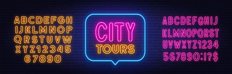 City Tours neon sign in the speech bubble on brick wall background