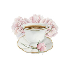 White porcelain tea cup and saucer with gilded rim, rose hip flowers. Cup of tea. Victorian style