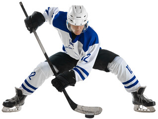 Game on. Young man, hockey player in motion during game, championship against transparent background. Concept of professional sport, competition, game, tournament, match, action, motion. © Lustre Art Group 