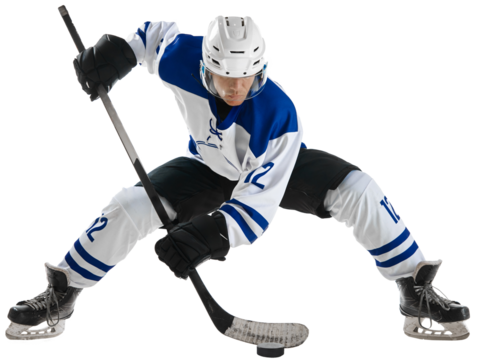 Game on. Young man, hockey player in motion during game, championship against transparent background. Concept of professional sport, competition, game, tournament, match, action, motion.