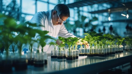A scientist conducts an experiment with plants by adding chemicals to a test tube in the laboratory. Biotechnology, New varieties of vegetables, berries and fruits in greenhouse conditions. - obrazy, fototapety, plakaty