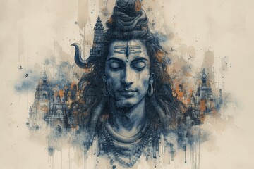 Artistic Representation of Hindu Deity with Tears and Trishula Motif - obrazy, fototapety, plakaty