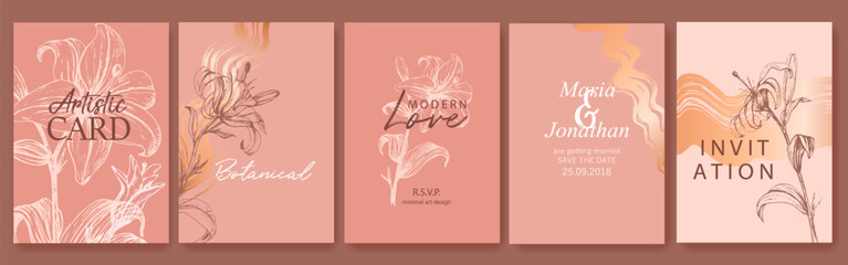 Beige, pink watercolor soft backgrounds with hand drawn lilies, flowers. Gift cards, wedding, branding, cover template. Spring natural design.