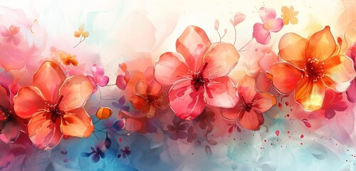 Artistic watercolor floral background with vibrant orange flowers and splashes