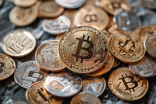 Pile of Various Cryptocurrency Coins on a Dark Surface
