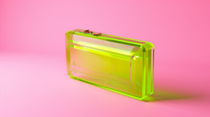 A bright neon green acrylic clutch on a soft pink background, creating a vibrant and modern space for copy.