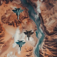 Aerial view of fighter jets bombarding enemy targets