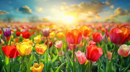 Poster Multicolored fields of tulips under a blue sky. © Salman