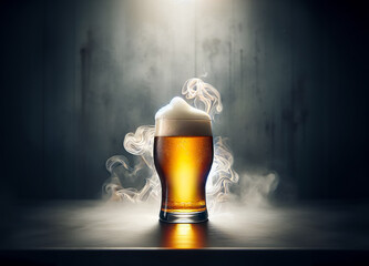 Beer with froth head in smoke