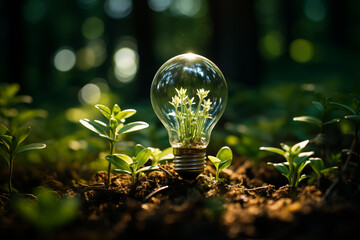 Glass bulb with green leaf inside in nature background